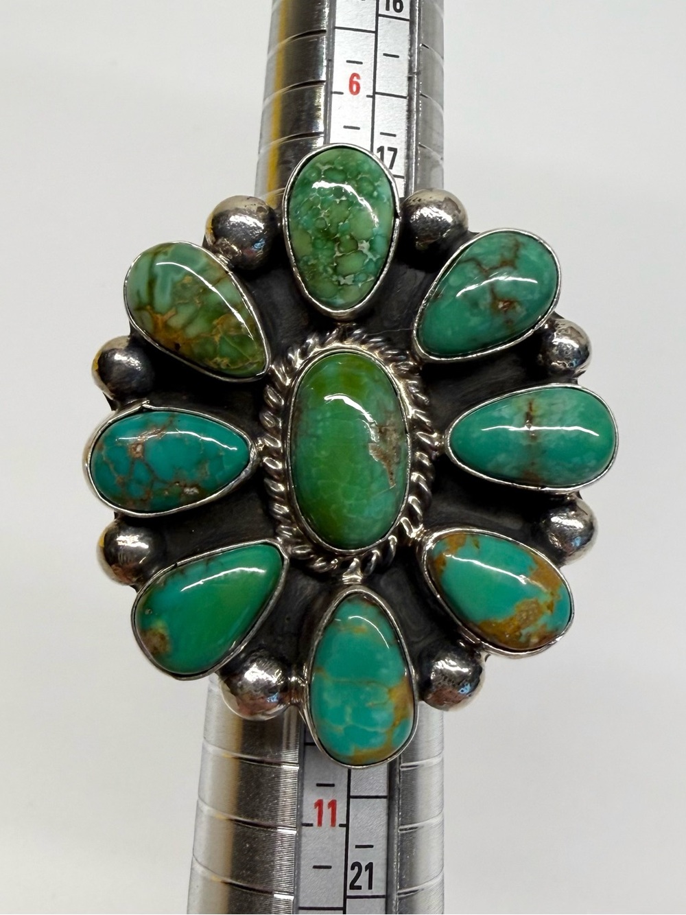Native American Sterling Silver Turquoise Cluster Adjustable Ring Signed MJ